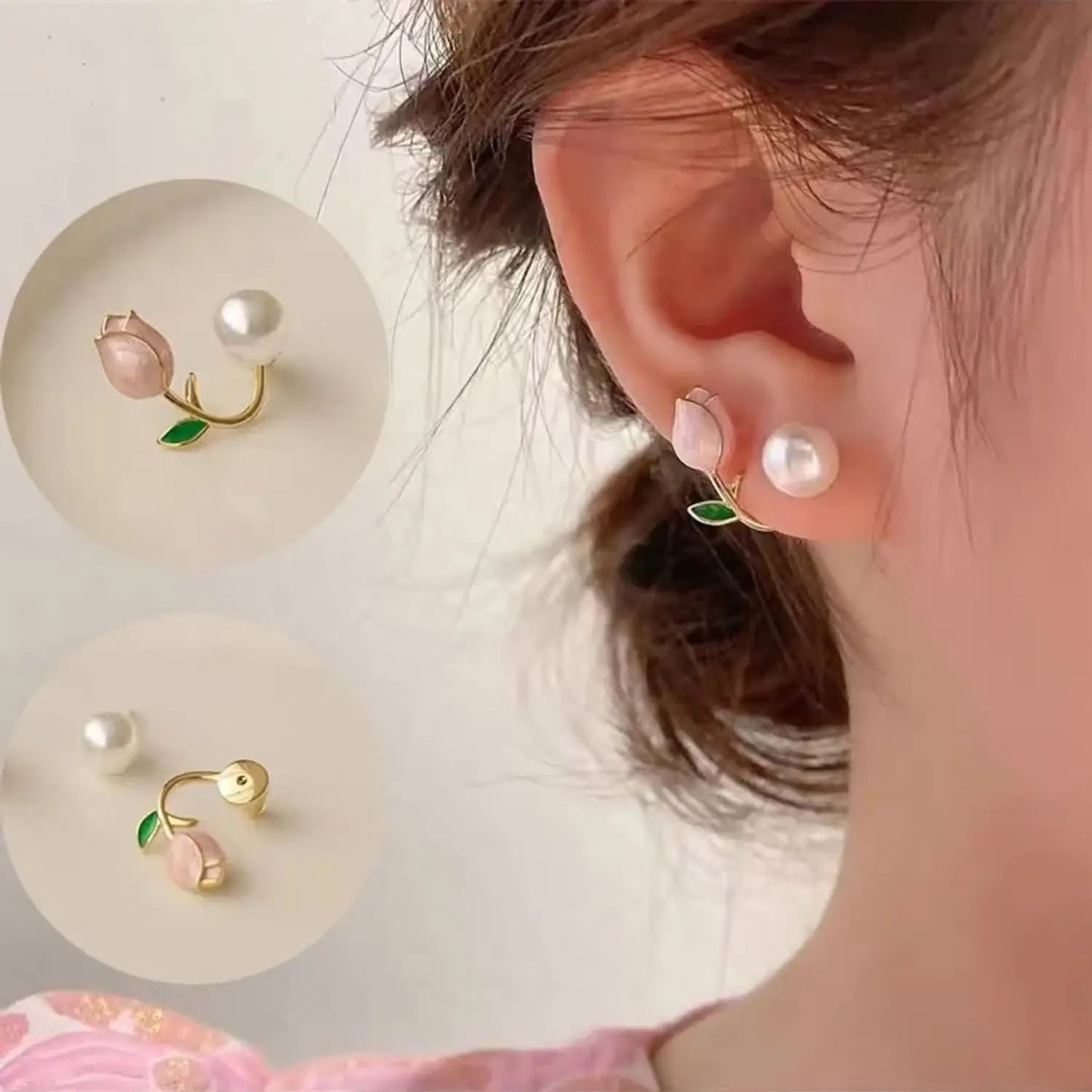 PEARL AND PINK TULIP FLOWER EARRING